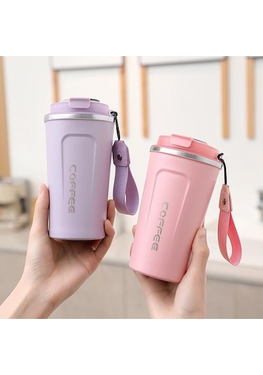 Pembe Mühür Kapaklı Seyahat Kahve Kupa Dökülmeye Dayanıklı Yalıtımlı Çevre Dostu Kolay Tek Elle İçme Paslanmaz
