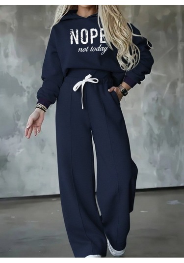 Tua Moda Kadın Uzun Kollu Nope Baskılı Beli Ribanalı Ikili Takım Lacivert