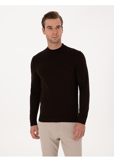 Cacharel Kahverengi Slim Fit Yün Karışımlı Çeyrek Balıkçı Basic Triko Kazak