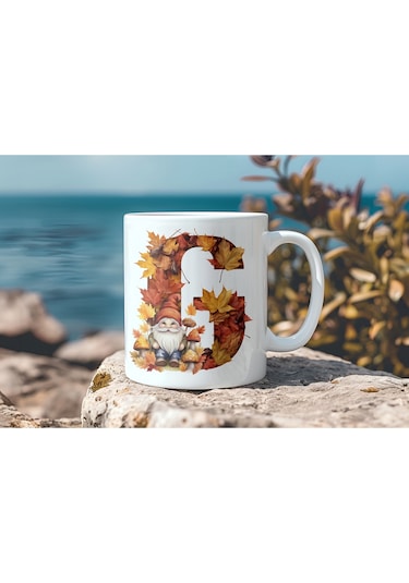 G Harf Sonbahar Yaprak Temalı Kupa Bardak - Sevimli Figürler İle Alfabe Harfli Bardak - Kişiye Özel Beyaz