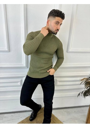 Kazak Slim Fit Tüylenmez Naturel Pamuk Triko Boğazlı Balıkçı Yaka Kazak Haki - Yeşil