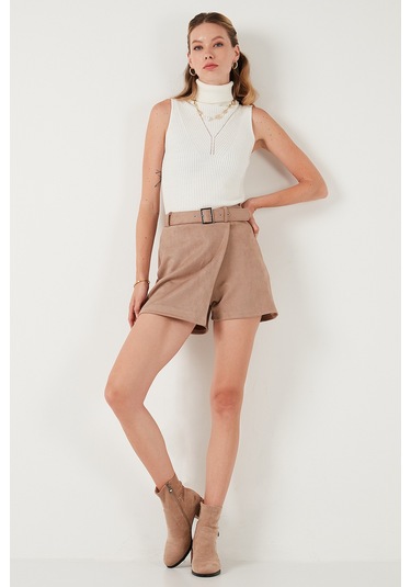 Lela Kışlık Regular Fit Asimetrik Kesim Fermuarlı Bayan Şort Etek 5865973 Vizon