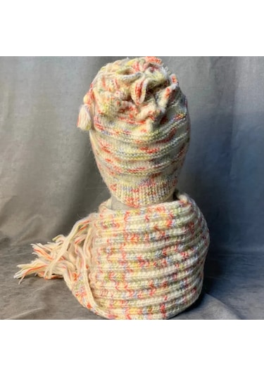 Uretti - Kadir 7704 - El Örgüsü Ebruli Yün Atkı - Bere - İkili Set - 3 Yaş Bej