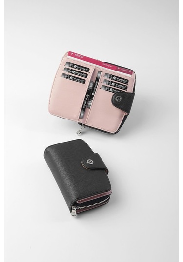 Cengiz Pakel Orta Boy Çıt Çıt Detaylı Kadın Cüzdan/portföy - 65300 - Siyah/pudra 65300-siyah-pudra