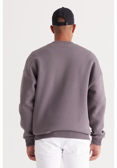 AC&Co / Altınyıldız Classics Erkek Koyu Grı Oversize Fit Bol Kesim Pamuklu İçi Polarlı Bisiklet Yaka  Sweatshirt Koyu Gri