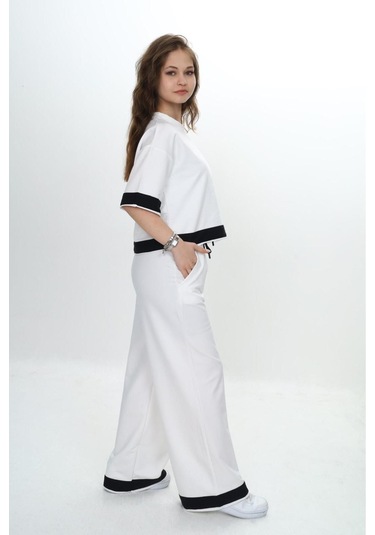 Kız Çocuk %100 Pamuk Kısa Kollu Garnili Truvakar Kol 2 İplik Alt&üst Eşofman Takımı-285-eşt-0011 Ekru