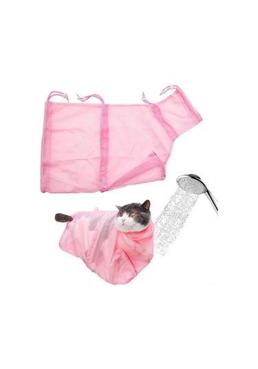Geeksen Kedi Yıkama Torbası - Kaşıntı Ve Isırık Koruyucu, İlaçlama, Tırnak Kesme, Kulak Temizleme İçin Elastik Mesh Malzeme Pembe