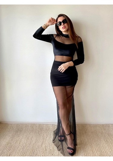 Kadın Balıkçı Yaka Transparan Dekolteli Fırsat Ürün Elbise Siyah