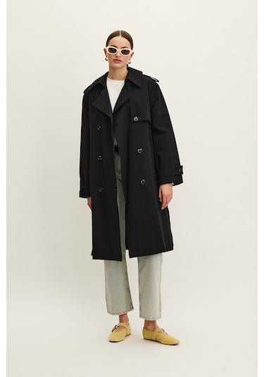 Anıka Kruvaze Kemerli Trençkot Siyah Siyah