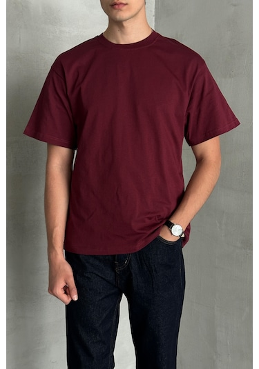 Hyman Erkek %100 Pamuk Oversize Basic T-shirt Bordo