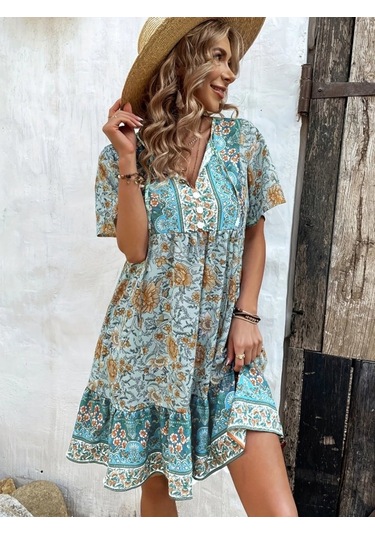 Kadın Kısa Kollu Yakası Bağcıklı Önden Düğmeli Fırfır Desenli Süprem Elbise Mavi
