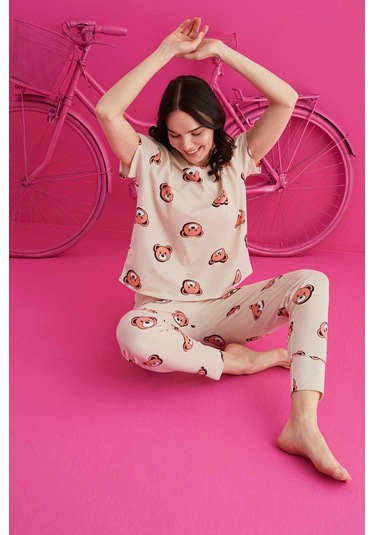 Kadın Baskılı Kısa Kollu Takım Waynap 4130 - Krem