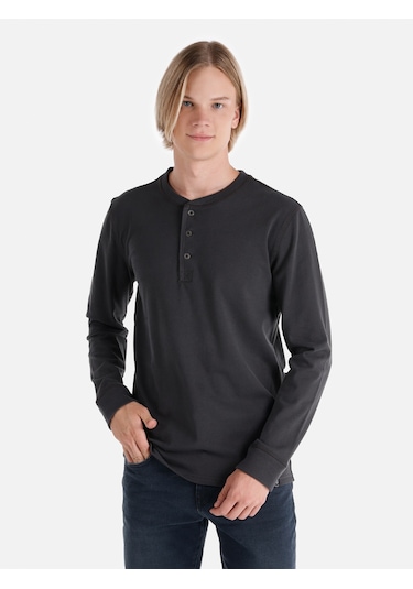Colins Slim Fit Düğmeli Yaka Basic Antrasit Erkek Uzun Kol Tişört Cl1065875 Antrasit