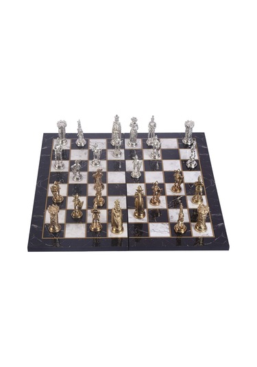 Battal Boy Metal İngiliz Satranç Takımı Parlak Ve Katlanır Mermer Desenli Mdf Ahşap Satranç Tahta 43x43 Cm.