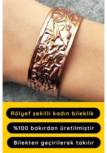 Bakır Renk Rölyef Desen Şekilli El Yapımı Ayarlanabilir Bakır Bileklik Çok Renkli