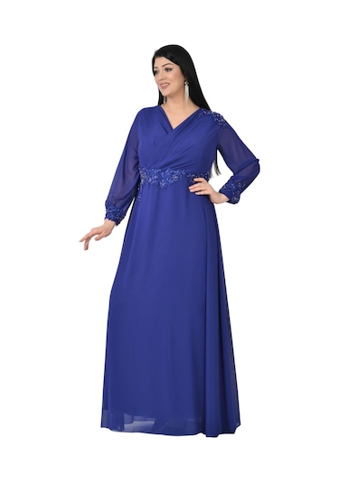 Lilas Xxl Kadın Büyük Beden Uzun Şifon Abiye Elbise 9573 Saks Saks Mavi