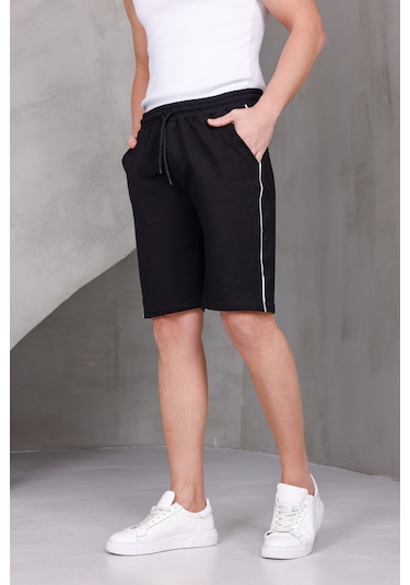 Dark Moda Erkek Şeritli Oversize İki İplik Kompakt Şort Siyah