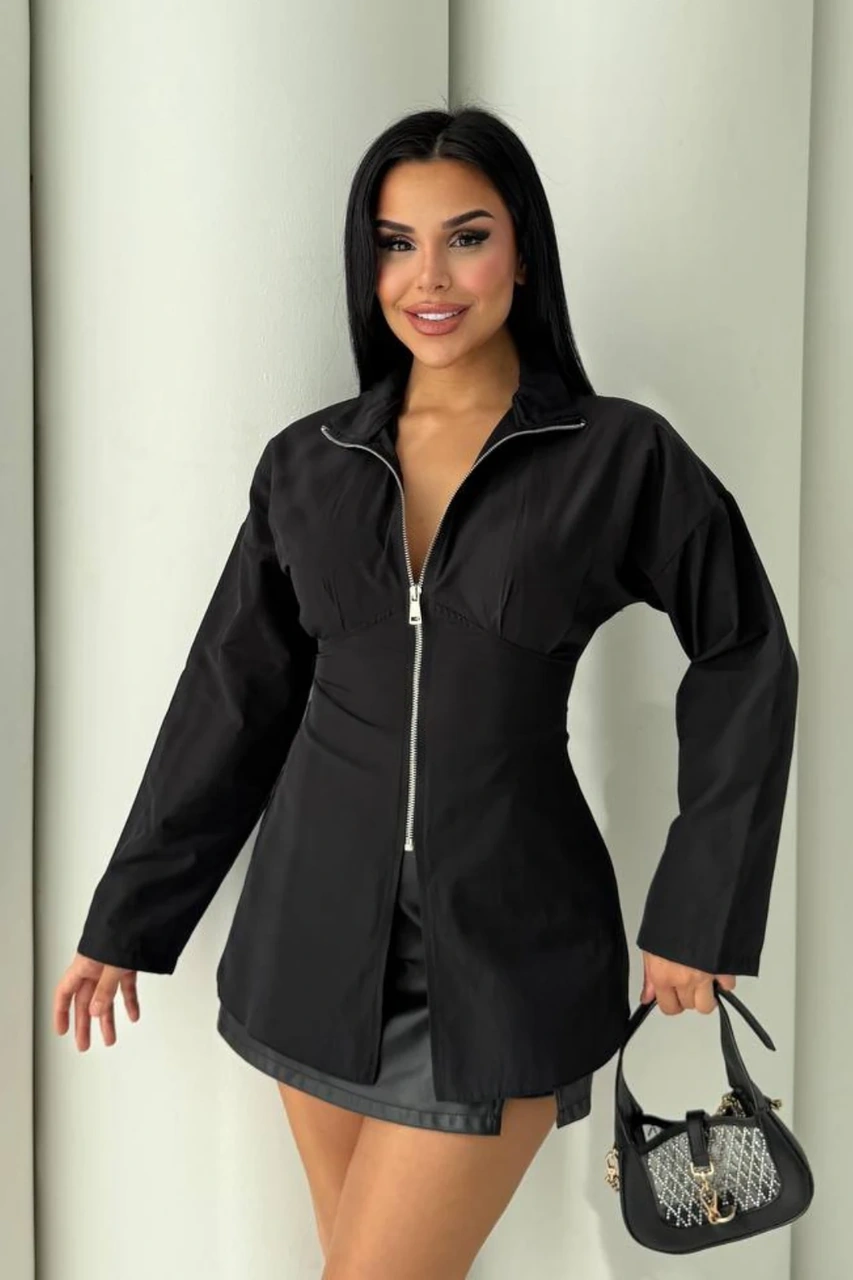 Kadın V Yaka Fermuarlı Gömlek Siyah