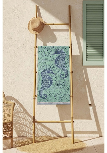 Turkuaz Yeşili Poseidon %100 Pamuklu Plaj Havlusu 70x140 Cm Mavi