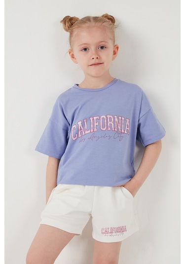 Lela Pamuklu Baskılı Bisiklet Yaka Şortlu Alt-Üst Kız Çocuk Takım 6212004 Lila
