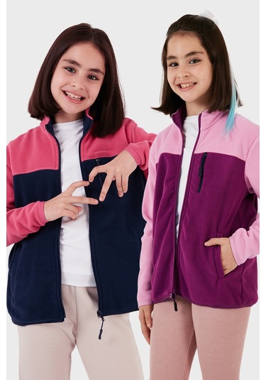 Lela Yumuşak Dokulu Fermuarlı Renk Bloklu Dik Yaka Cepli 2'Li Paket Hırka Çocuk Polar 5905001S2 Fuşya Lacivert-Şeker Pembe Mor