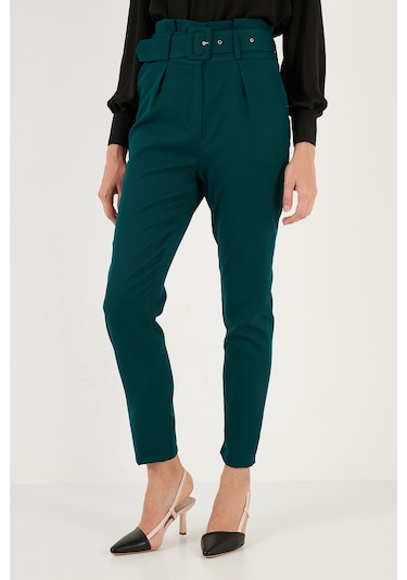 Lela Yüksek Bel Cepli Kemerli Regular Fit Kumaş Bayan Pantolon 611Pl04 Zümrüt