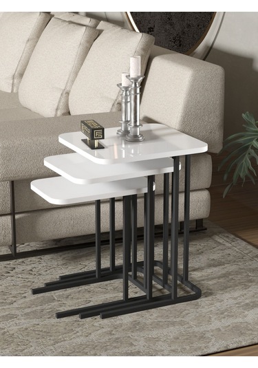 Zigon Sehpa Metal Ayak 3'lü Koltuk Yan Sehpa Zino Beyaz Beyaz