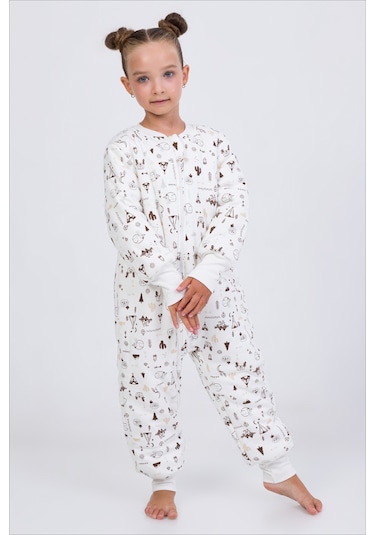 Kız Erkek Çocuk Kalın Elyaf Dolgulu Premium Kalite 2.5 Tog Desenli Uyku Tulumu Koyu Ekru