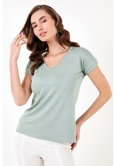 Lela V Yaka Relaxed Fit Yırtmaç Detaylı 2'Li Paket Bayan Bluz 5862000S2 Ekru-Çağla