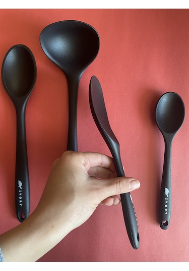 Multiamo Sert Uçlu Isıya Dayanıklı Silikon Kaşık Seti 4 Parça Siyah