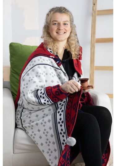 Biocotton Triko Ponponlu Örgü Tv Battaniyesi - Lacivert Lacivert