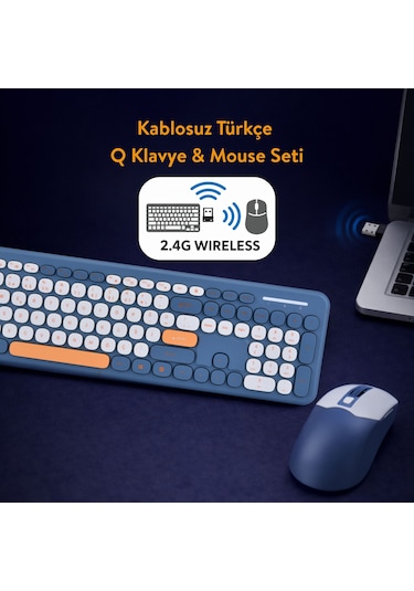 Soft Touch Kablosuz Klavye Mouse Set Lacivert + Beyaz Smk-687 Diğer