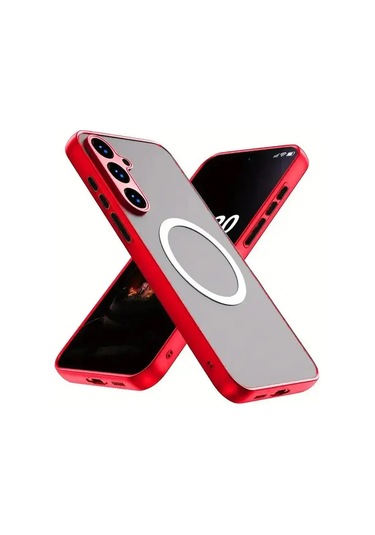 Elmpaly Samsung Galaxy S25 Fe Kırmızı Manyetik Kasa Şok Emici Transparan Sert Pc
