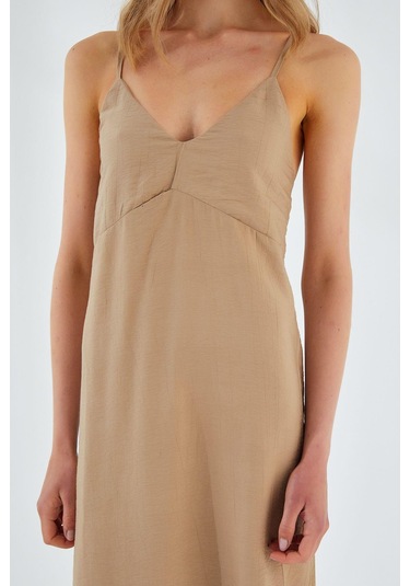 4252 Kadın İp Askılı V Yaka Elbise Vizon Vizon