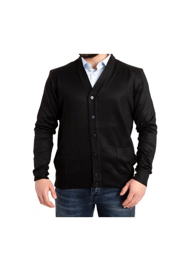 Nacar Store Erkek Gri Yün Triko Örme Baba Hırka Siyah