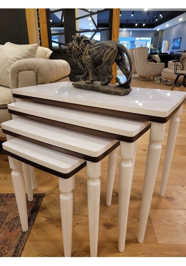 Akset 4lü Lüx Zigon Sehpa Beyaz Ceviz