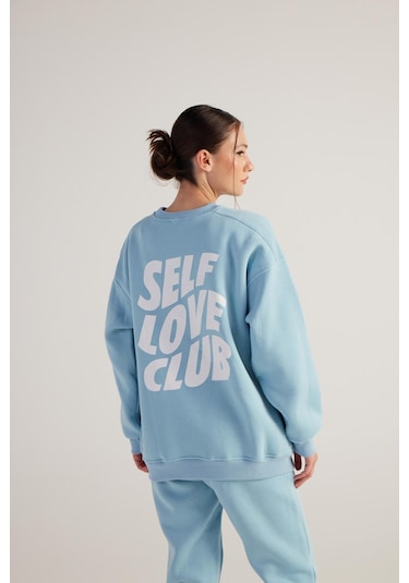 Holly Lolly Kadın Mavi Oversize Şardonlu Yazı Baskılı Fluffy Sweatshirt