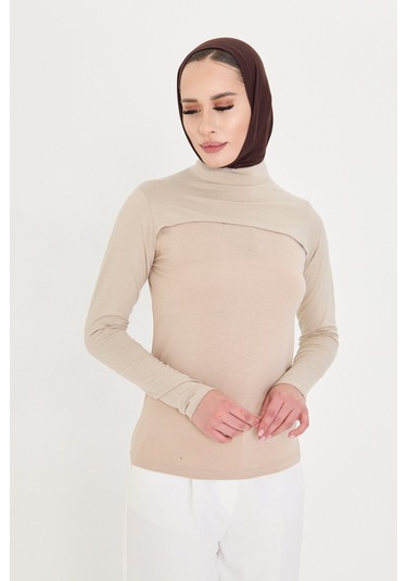Bej Tesettür Balıkçı Yaka Boyunluklu Kolluk Viskon Düz 1025 12 Bej