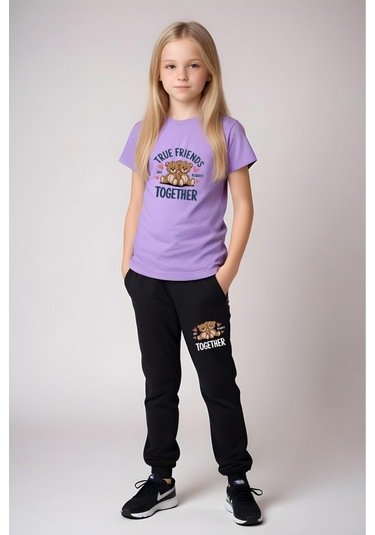 True Friends Baskılı Kız Çocuk Tişört Ve Eşofman Alt-üst Takım Lila