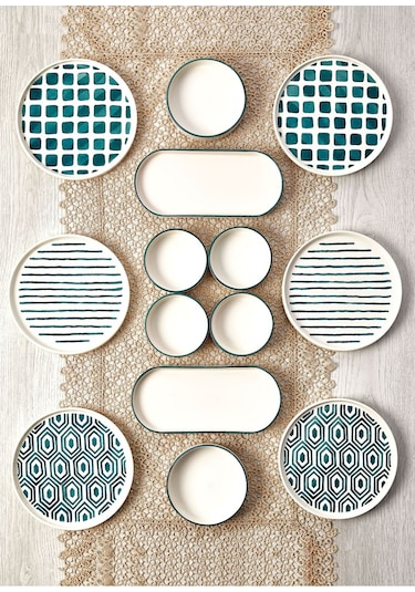 Kitchen Life 14 Parça 6 Kişilik Neometric Stackable Kahvaltı Takımı -  Kahvaltılık  Sunum Tabağı Yeşil - Beyaz