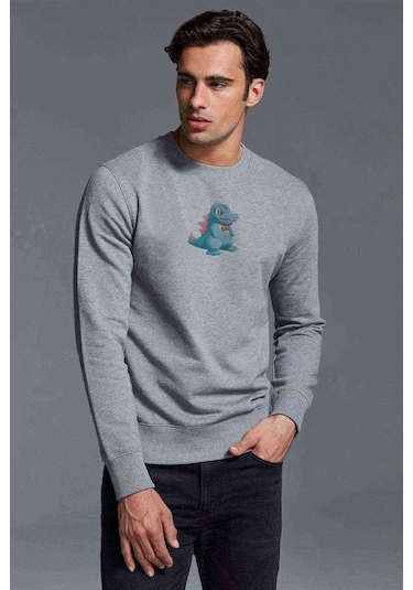 Pokemon Totodile Çizimi Totodile Pokemon Baskılı Gri Erkek Sweat
