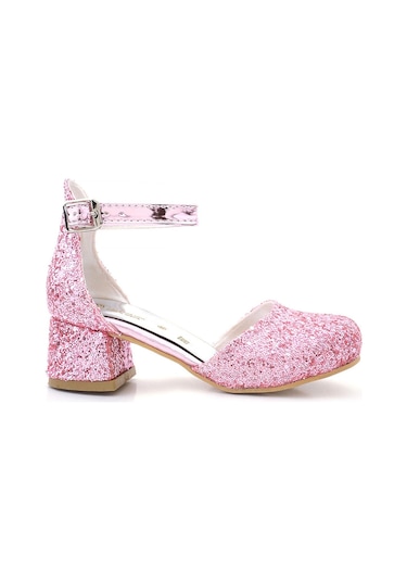 Merida Parlak Pembe Kalın Topuklu Taşlı Kız Çocuk Topuklu Ayakkabı Pembe