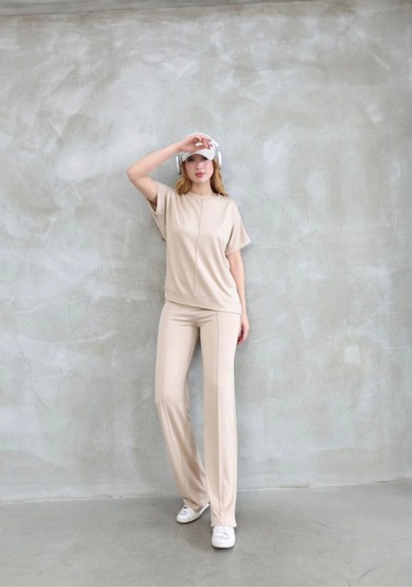 Ge Ticaret Osy Modal Yumuşak Dokulu Kumaş Bisiklet Yaka Kısa Kollu Takım - Bej Bej