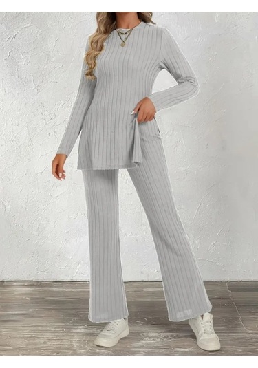 Evyora Kadın Uzun Kollu Bisiklet Yaka Yandan Yırtmaçlı Şardonlu Kaşkorse Bluz Ve Pantolon Ikili Takım Gri Evyora Kadın Uzun Kollu Bisiklet Yaka Yandan Yırtmaçlı Şardonlu Kaşkorse Bluz Ve Pantolon Ikili Takım Gri