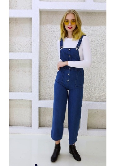 Önden Düğmeli Enzim Kumaş Salopet & Tulum Lacivert