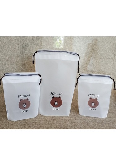 Suofeng Beyaz Mat Renkli 16x20 Cm Ayı Desenli Eva Telli Çanta - Giyim Ayakkabı Paketi, Kozmetik Saklama Torbası Beyaz