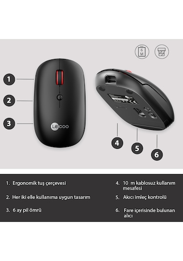 Lecoo WS211 Kablosuz 1600DPI 6 Tuşlu Çift Modlu Şarj Edilebilir Optik Mouse