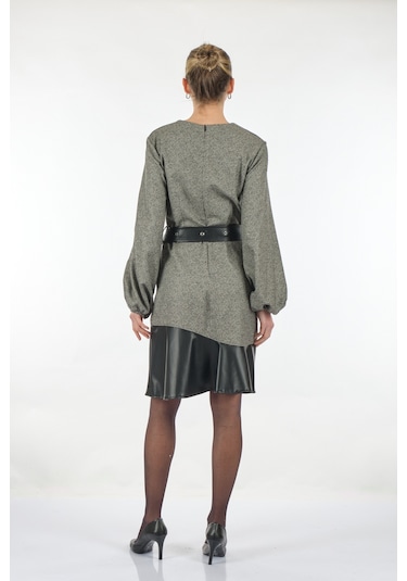 Unique Mode Yuvarlak Yaka Deri Detaylı Siyah Kadın Elbise Uw23350 001