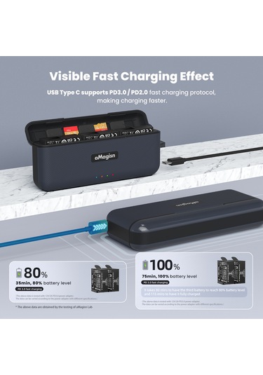 Amagisn 3 Yuvalı Hızlı Şarj Kutusu Pil Şarj Cihazı Siyah
