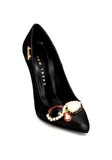 Stiletto Siyah Taşlı Hakiki Deri Bayan Ayakkabı-37 Siyah